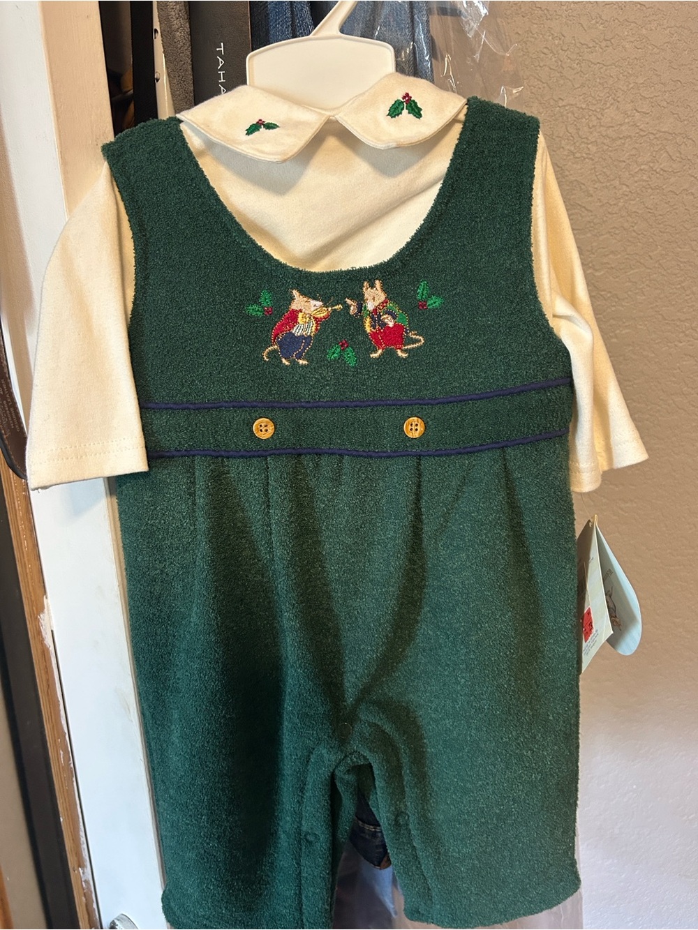 Green Embroidered Holiday Romper with Cream Bodysuit